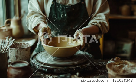 Potter Molding Clay Using A Pottery Wheel: An Artisan Creating Handcrafted Pottery Through The Traditional Techniques Of Ceramics. 121038348