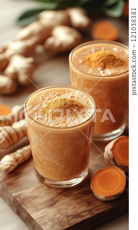 A vibrant and eye-catching image of two glasses of golden turmeric latte with fresh turmeric root and ginger. Perfect for promoting healthy living, wellness and natural remedies. 121038381