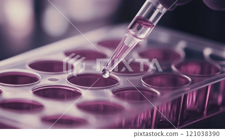 Pipetting Sample Into A Multi Well Plate In Pharmaceutical Research - Essential Technique For Experimentation In Drug Development And Testing. 121038390