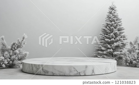 Festive Christmas Stone Podium With Blank Xmas Marble Scene And Empty Winter Pedestal, Featuring Front View And Christmas Tree. 121038823