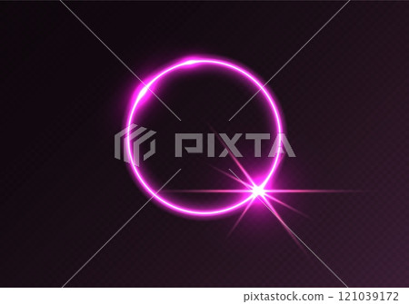 Pink light flare, glowing shiny sparkle, lens flare effect, bright glimmering glare. 121039172