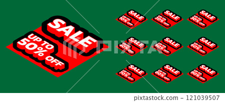 Sale tags set vector badges template, up to 10, 20, 30, 40, 50, 60, 70, 80, 90 percent off, vector illustration isolated on green background. Price off tag icon flat design collection set. Up to 121039507