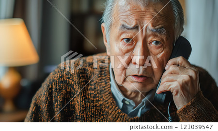 Senior man with an anxious expression holding a telephone receiver 121039547