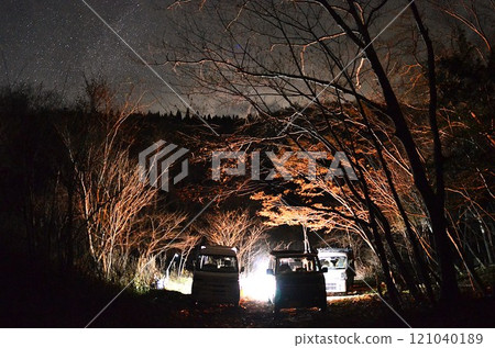 Sleeping in the car under the stars and autumn leaves 121040189