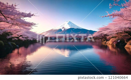 Landscape illustration of snow-capped Mt. Fuji, cherry blossoms, and a lake 121040664