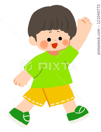Illustration of a boy walking with his hands raised Illustration of a boy walking with his hands raised 121040772