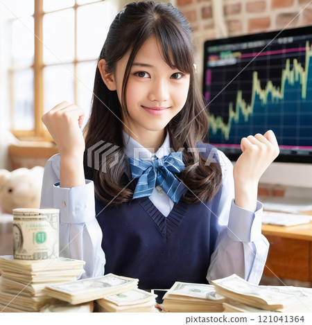 照片素材（高品質，付費）作為投資股票和外匯交易員賺了很多錢的女高中生的拳頭泵 121041364