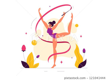 Rhythmic Rope Gymnastics Vector Illustration featuring a Female Rhythmic Gymnast Performing with a Rope in a Graceful Pose on a Flat Background 121041444