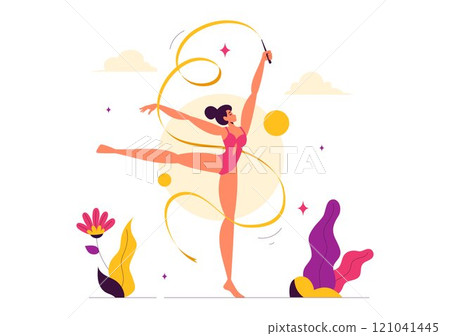 Rhythmic Rope Gymnastics Vector Illustration featuring a Female Rhythmic Gymnast Performing with a Rope in a Graceful Pose on a Flat Background Rhythmic Rope Gymnastics Vector Illustration featuring a Female Rhythmic Gymnast Performing with a Rope in a Graceful Pose on a Flat Background 121041445