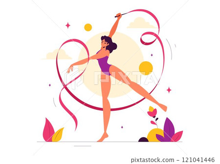 Rhythmic Rope Gymnastics Vector Illustration featuring a Female Rhythmic Gymnast Performing with a Rope in a Graceful Pose on a Flat Background 121041446