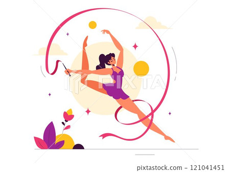 Rhythmic Rope Gymnastics Vector Illustration featuring a Female Rhythmic Gymnast Performing with a Rope in a Graceful Pose on a Flat Background 121041451