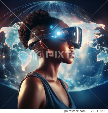 世界網路和一位戴著頭戴式顯示器的女士 121041455