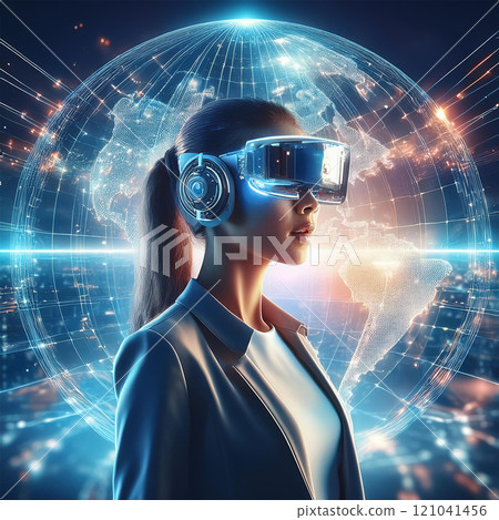 世界網路和一位戴著頭戴式顯示器的女士 世界網路和一位戴著頭戴式顯示器的女士 121041456