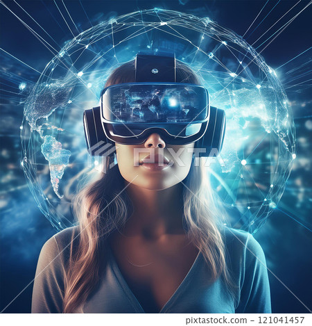 A woman wearing a global network and a head-mounted display 121041457