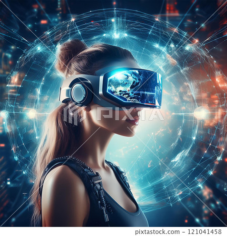 世界網路和一位戴著頭戴式顯示器的女士 世界網路和一位戴著頭戴式顯示器的女士 121041458