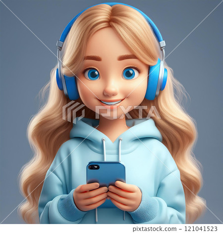 戴著耳機、拿著智慧型手機的女孩 戴著耳機、拿著智慧型手機的女孩 121041523