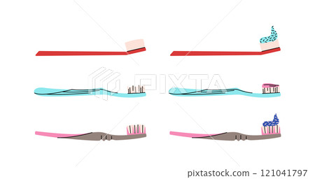 Collection of toothbrushes and toothpaste. Dentistry concept, oral care. Different toothbrushes designs with different paste. Colorful vector set 121041797