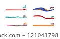 Collection of toothbrushes and toothpaste. Dentistry concept, oral care. Different toothbrushes designs with different paste. Colorful vector set 121041798
