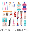 Set of oral hygiene products in a flat style. Different toothbrushes, tubes of toothpaste, dental floss, mouth rinse, irrigator 121041799