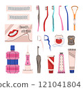 Set of oral hygiene products in a flat style. Different toothbrushes, toothpastes, dental floss, mouth rinse, teeth strips, irrigator 121041804