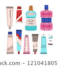 Toothpaste set. Set of oral hygiene products. Different tubes of toothpaste and mouth rinse. Teeth cleaning products. Colorful vector collection 121041805