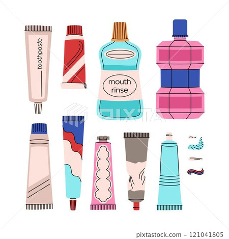 Toothpaste set. Set of oral hygiene products. Different tubes of toothpaste and mouth rinse. Teeth cleaning products. Colorful vector collection 121041805