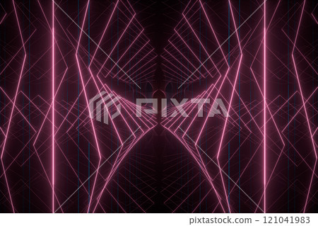Glowing lines in the dark tunnel, 3d rendering. 121041983