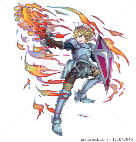 Male hero in action pose brandishing a sword, blonde, with flame effect Male hero in action pose brandishing a sword, blonde, with flame effect 121042040