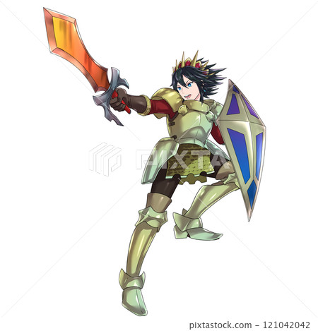 Male hero in action pose brandishing a sword, black hair Male hero in action pose brandishing a sword, black hair 121042042