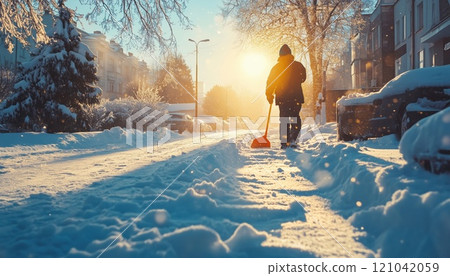 Winter City Service Using Shovel To Clean Snow-Covered Yard After Snowstorm In The Bright Winter Sunlight. 121042059