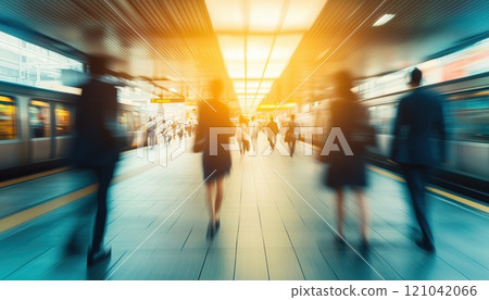 Passengers On The Tokyo Metro: Business Commuters Using Public Transport During Rush Hour. Shallow Depth Of Field In Horizontal Composition 121042066