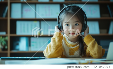 Asian Little Girl Student Learning Virtually From School Teacher Via Remote Meeting Due To Covid Pandemic, Using Headphones And Whiteboard For Math Lesson. 121042074
