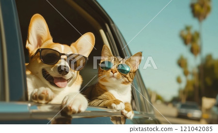 Corgi Dog And Tabby Cat In Sunglasses Peeking Out Of Passing Car Window, Showcasing Trendy Behavior During Their Ride. 121042085