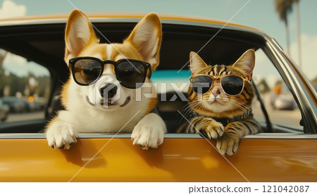 Corgi And Tabby Cat In Stylish Sunglasses Peeked Out Of Car Window As They Cruised By, Capturing Attention. 121042087