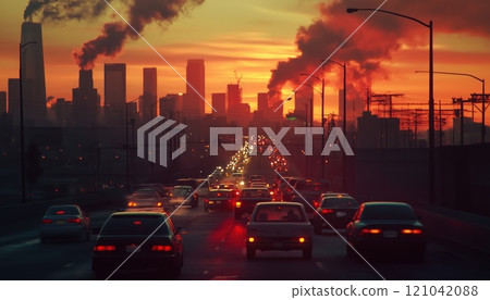 Reducing Global Warming Pollution And Carbon Dioxide Emissions From Engine Combustion In The City Due To Car Exhaust Smoke Traffic. 121042088