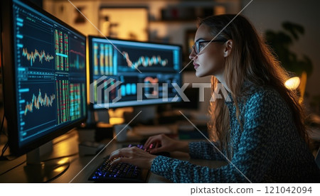 Team Of Brokers Utilizing Multi-Monitor Workstations For Real-Time Analysis Of Stocks, Commodities, And Exchange Markets In Agency Setting 121042094