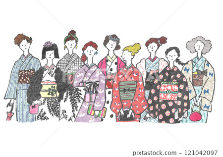 Hand-drawn illustration: Women in kimonos 121042097