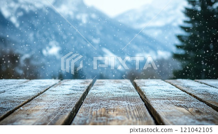 Snow-Covered Wooden Desk In The Alps: Winter Wonderland With Blurred Mountain Background. Perfect For Christmas Decor And Personalization. 121042105