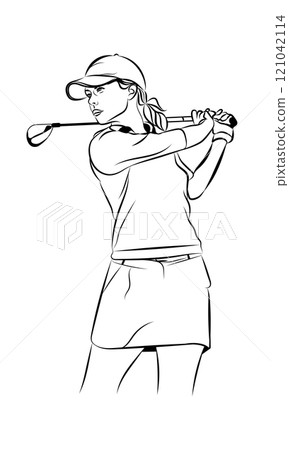 A graceful female golfer captured in a moment of perfect balance, showcasing her skill and technique through elegant line art A graceful female golfer captured in a moment of perfect balance, showcasing her skill and technique through elegant line art 121042114