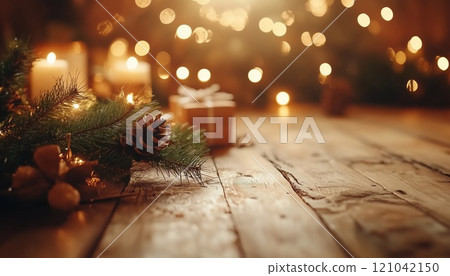 Rustic Christmas Scene With Natural Wood And Blurred Lights: Fir Branches, Gifts, And Product Mockup For A Charming Holiday Setting. 121042150