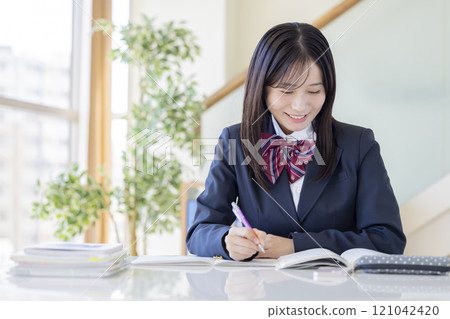 Educational image: High school girl studying Educational image: High school girl studying 121042420