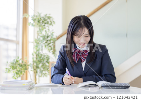 Educational image: High school girl studying Educational image: High school girl studying 121042421