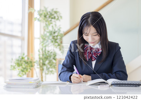 Educational image: High school girl studying Educational image: High school girl studying 121042422