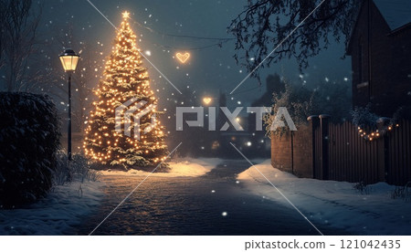 Christmas Tree Decorated With Lights In A Snowy Outdoor Setting. This Festive Scene Captures The Magic Of The Holiday Season. 121042435