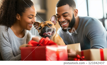 Joyful Couple Unwrapping Christmas Gifts With Their Dog In The Comfort Of Their Home, Celebrating The Festive Season Together. 121042437