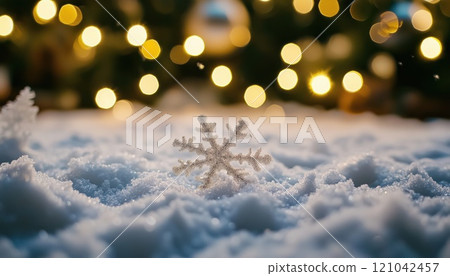 Snowflakes And Christmas Lights On Snow With Bokeh Effect - Genuine Snow Drift And Acrylic Crystal Decorations. 121042457