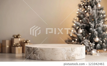 Festive Christmas Stone Podium With Xmas Marble Scene And Empty Winter Pedestal. Front View Of Christmas Tree On Display. 121042461