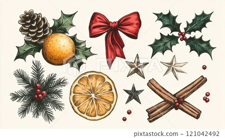 Hand-Drawn Holiday Elements Collection: Pinecone, Bow, Orange Slice, Holly Leaf, Cinnamon Sticks, And Star For Christmas Greeting Cards And Posters. 121042492