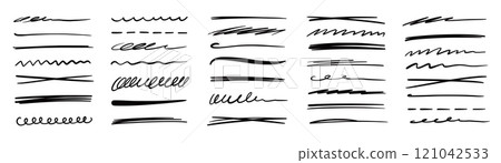 Line pen brush marker stroke underline vector set. Hand drawn doodle sketch pen brush stroke scribble underline. Marker emphasis doodle sketch grunge highlight. Vector 121042533