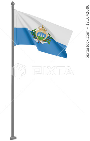 聖馬力諾共和國飄揚的國旗 3D 插圖(前視圖) 聖馬力諾共和國飄揚的國旗 3D 插圖(前視圖) 121042686